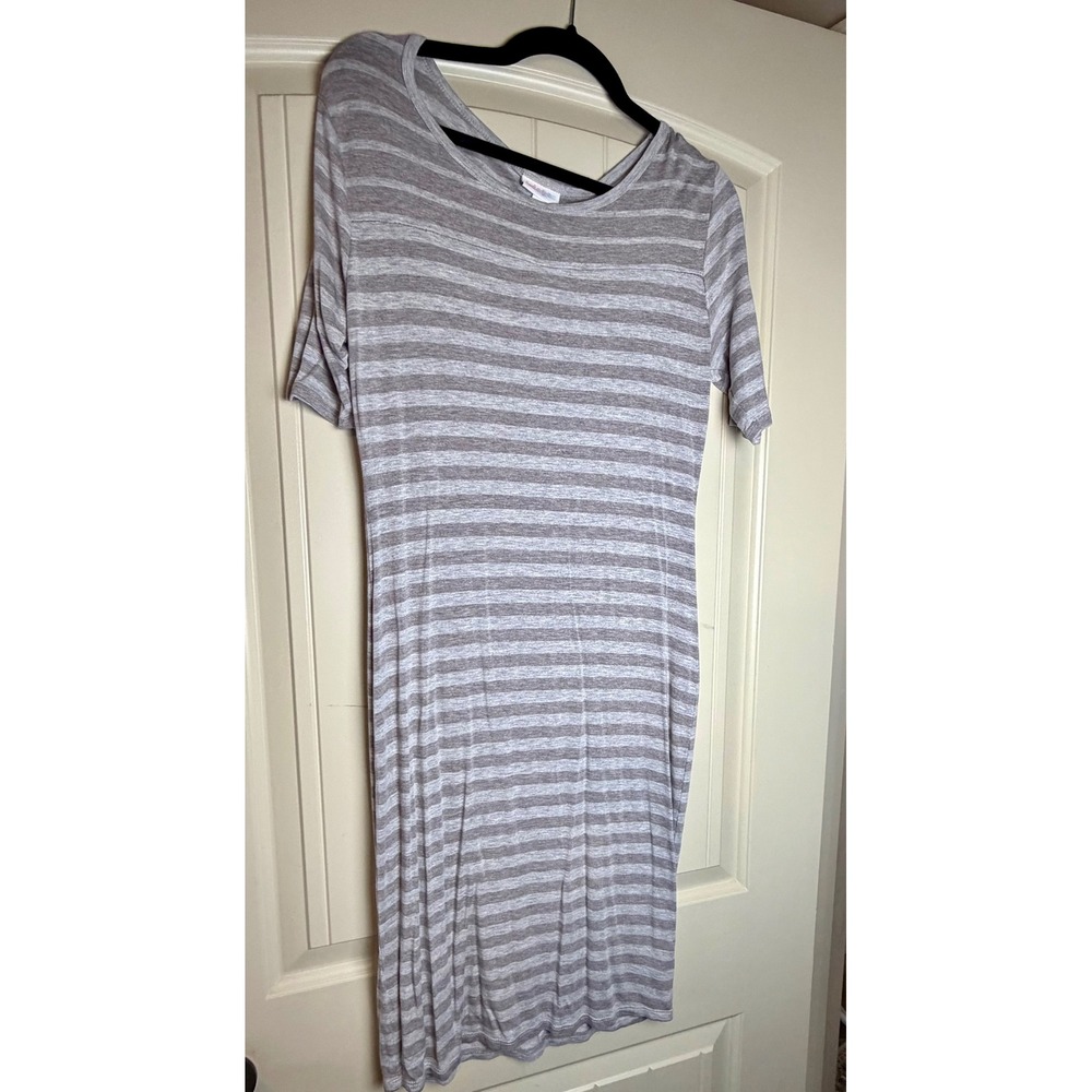 LuLaRoe Julia Dress Womens Medium Gray White Striped Short Sleeve Sheath Jersey